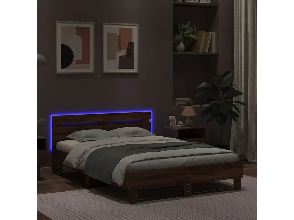 Bettgestell mit Kopfteil LED-Beleuchtung Braun Eichen-Optik