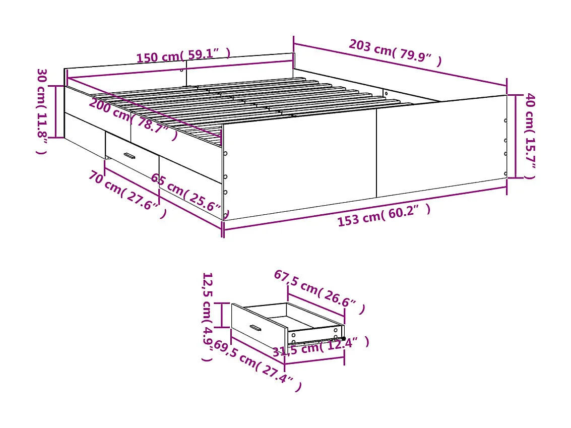Giroletto con Cassetti Bianco 150x200 cm in Legno Multistrato