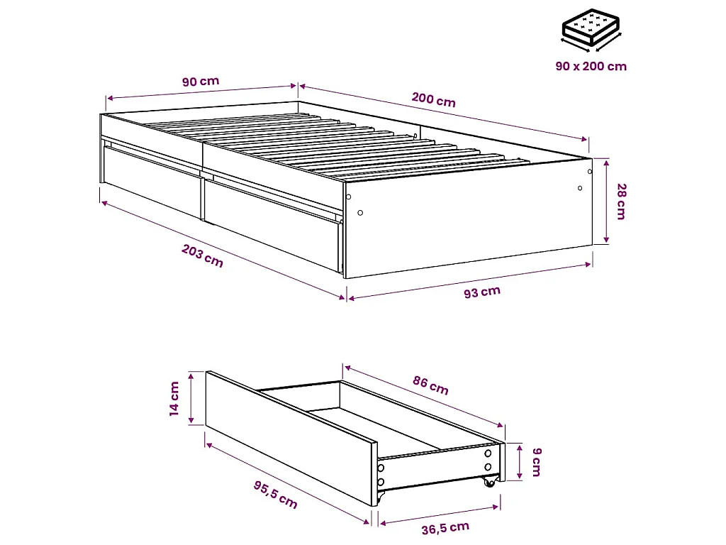 Cadre de lit avec tiroirs sans matelas blanc 90x200 cm
