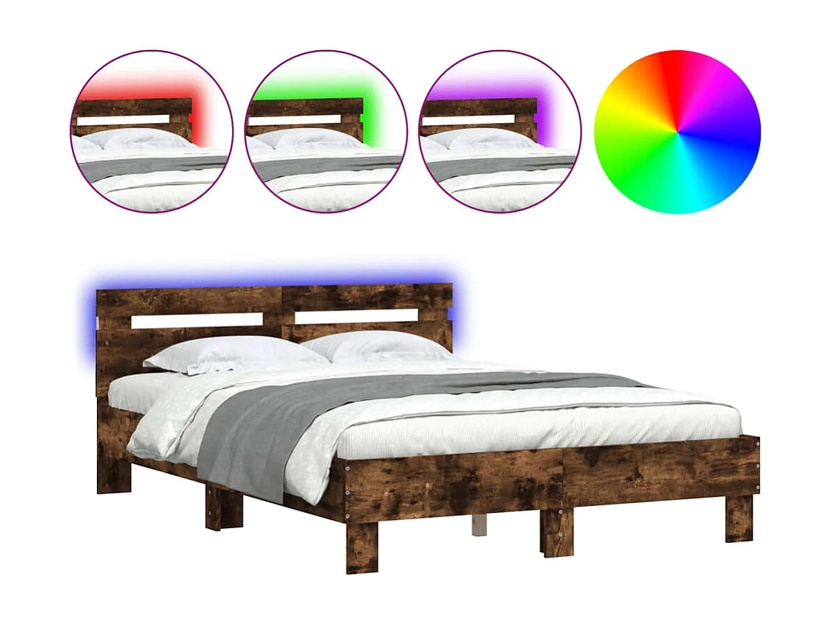 Bettgestell mit Kopfteil LED-Beleuchtung Räuchereiche 120x190cm