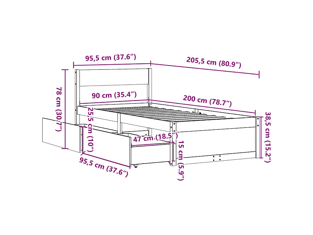 Bedframe zonder matras massief grenenhout wit 90x200 cm