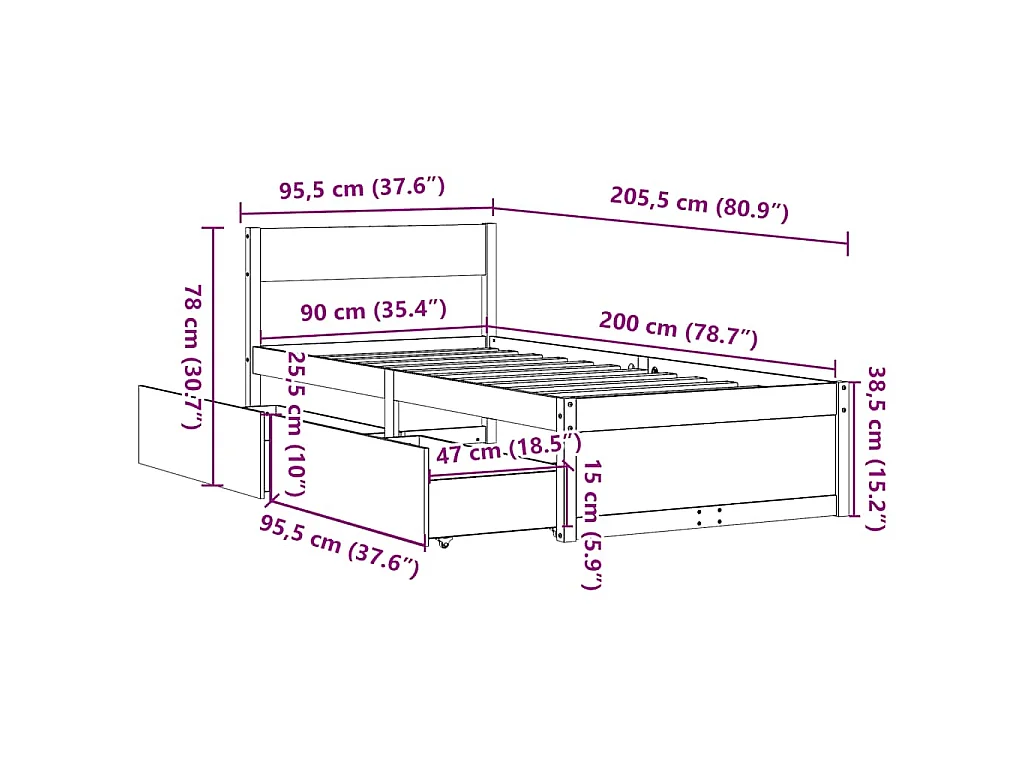 Bedframe zonder matras massief grenenhout wit 90x200 cm