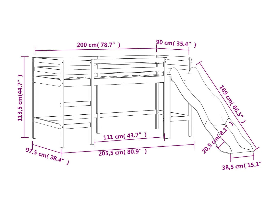 Lit mezzanine enfants avec tour sans matelas rose 90x200 cm