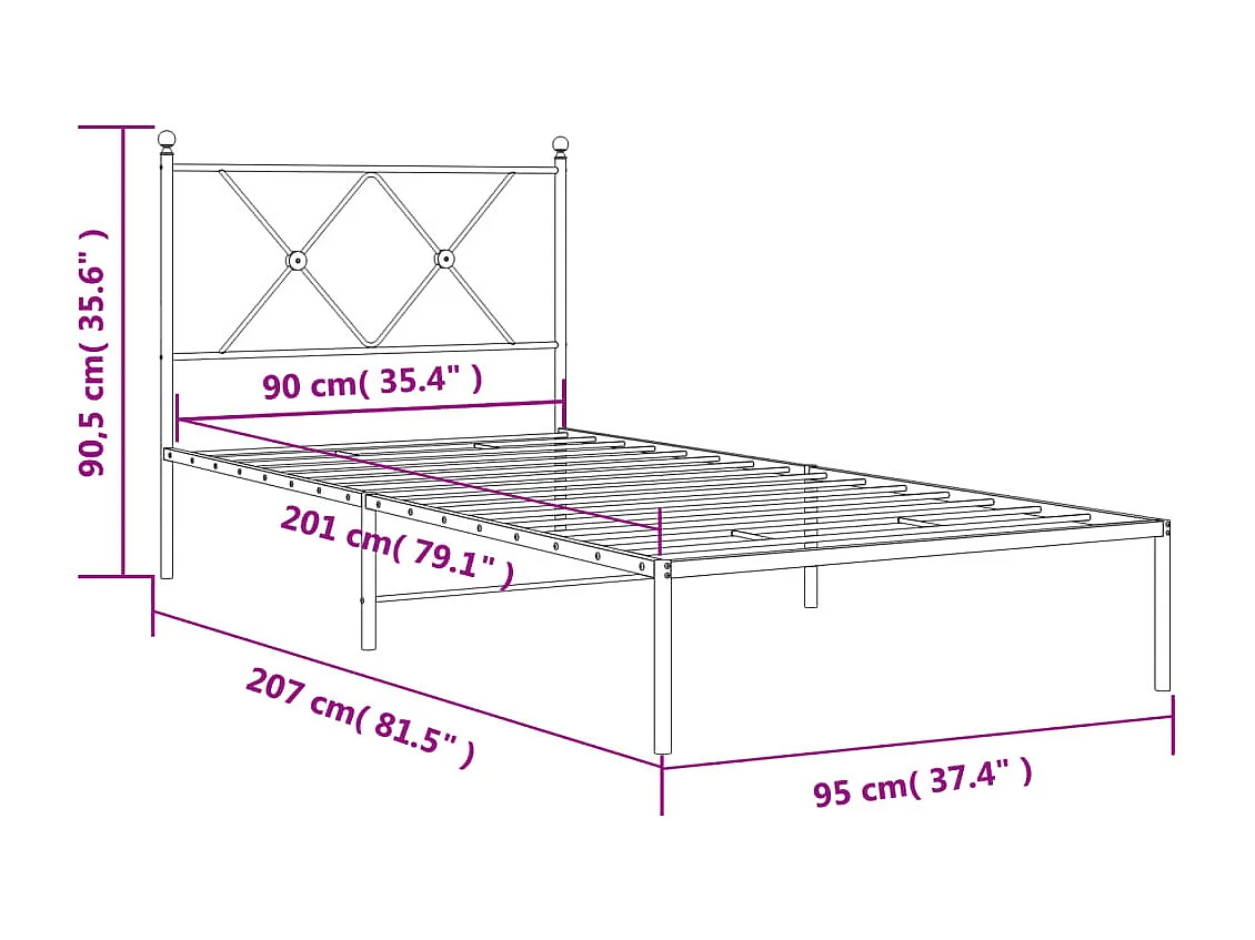 Bedframe met hoofdbord metaal wit 90x200 cm