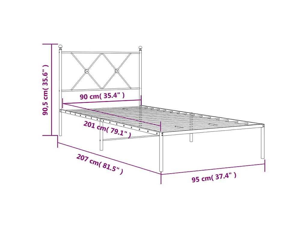 Cadre de lit métal sans matelas avec tête de lit blanc 90x200cm