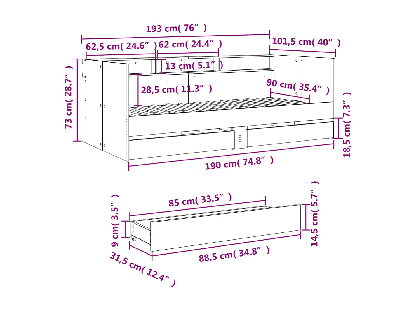 Slaapbank met lades zonder matras 90x190 cm gerookt eikenkleur