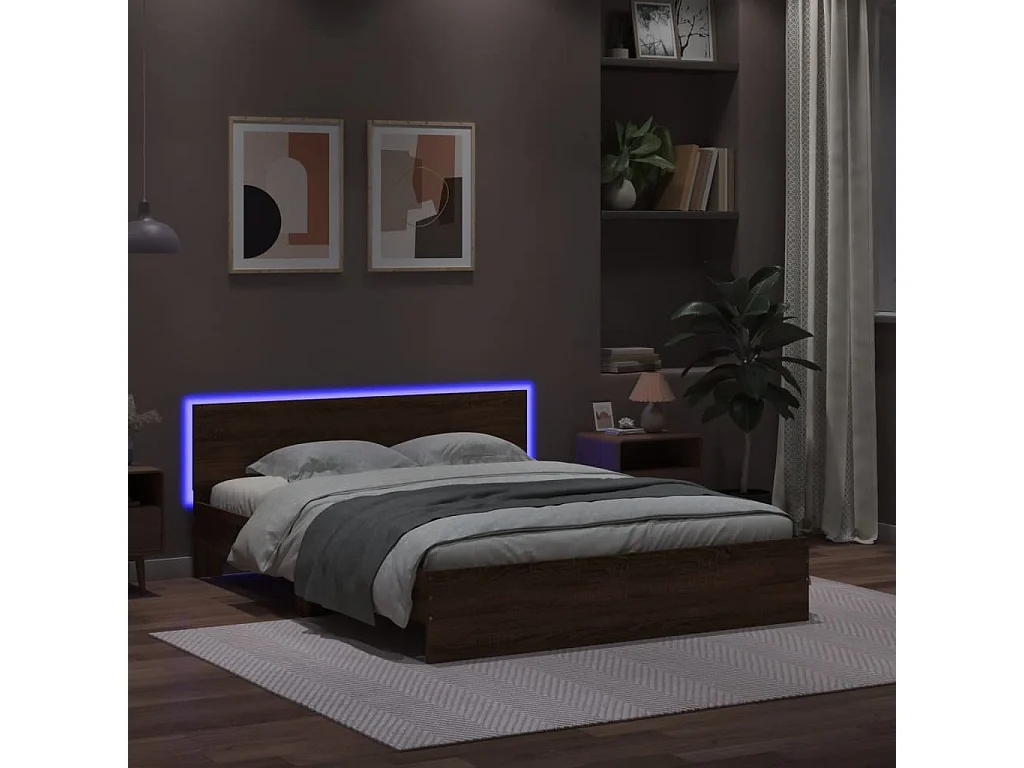 Estructura de cama cabecero y luces LED marrón roble 160x200 cm