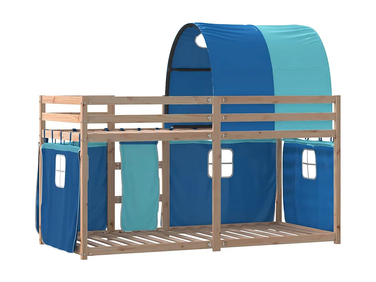 Etagenbett mit Vorhängen Blau 90x200 cm Massivholz Kiefer
