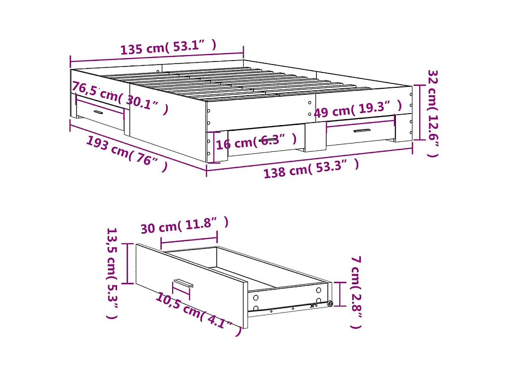 Cadre de lit avec tiroirs sans matelas blanc 135x190 cm