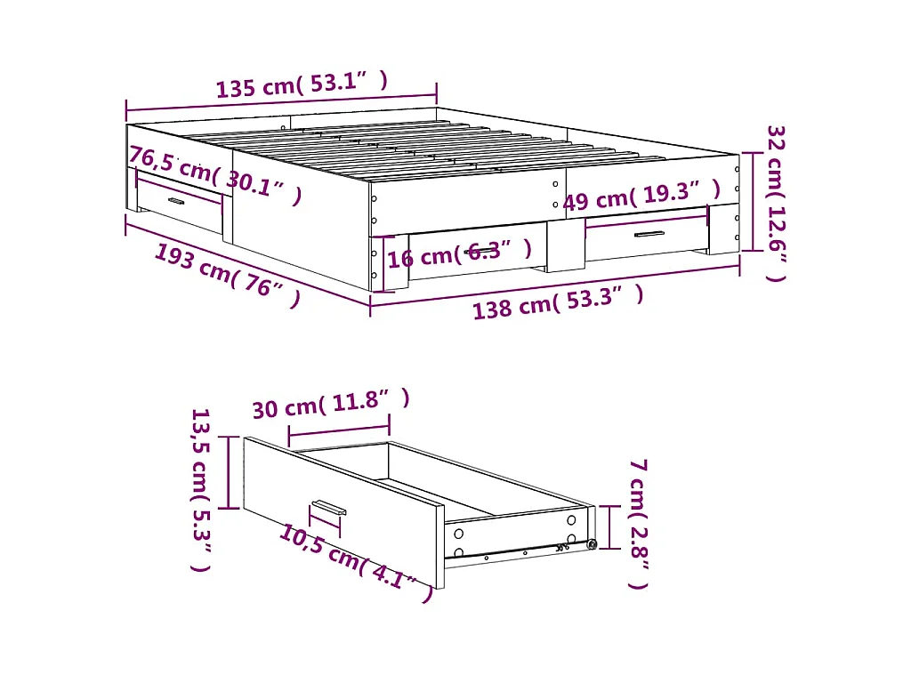 Cama con cajones madera de ingeniería blanco 135x190 cm