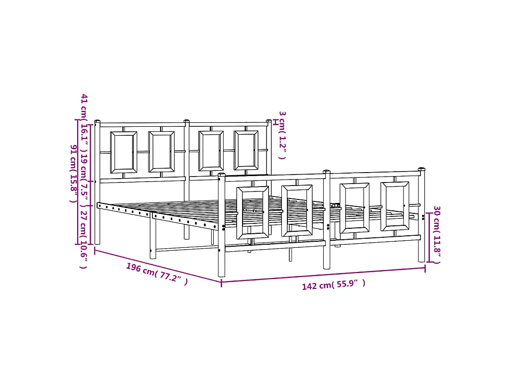 Estrutura de cama com cabeceira e pés 135x190 cm metal preto