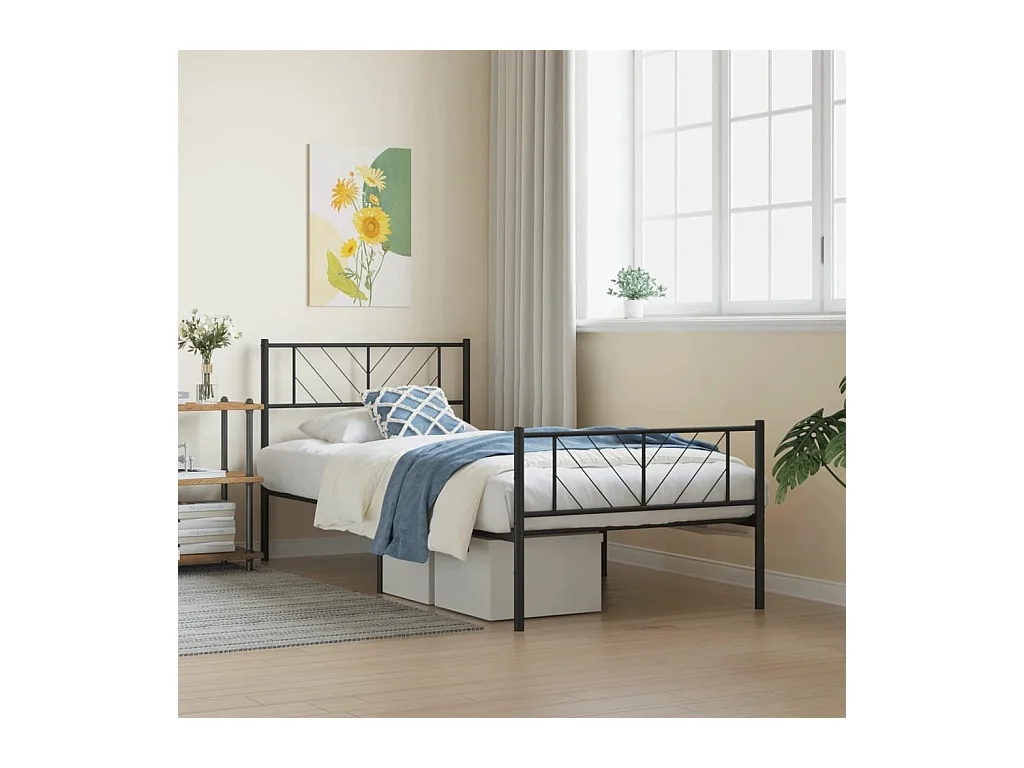 Cadre de lit métal sans matelas avec pied de lit noir 90x190 cm