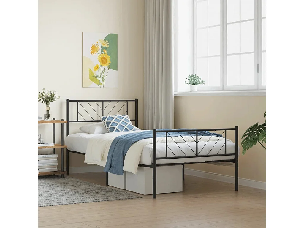 Cadre de lit métal sans matelas avec pied de lit noir 90x190 cm