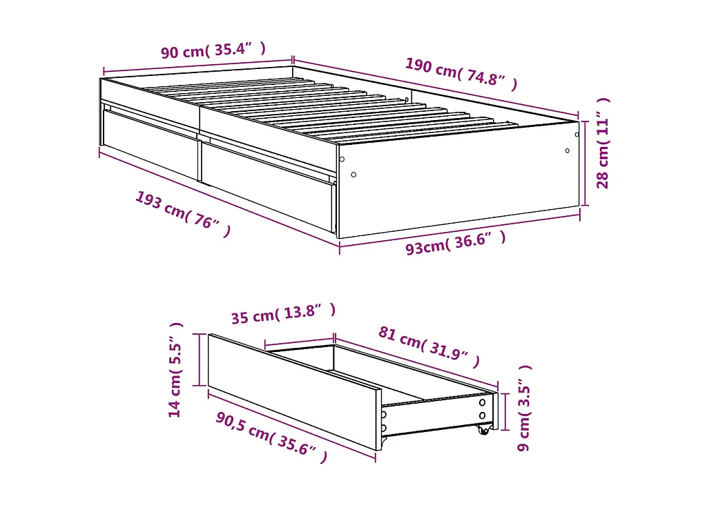 Cadre de lit avec tiroirs sans matelas blanc 90x190 cm