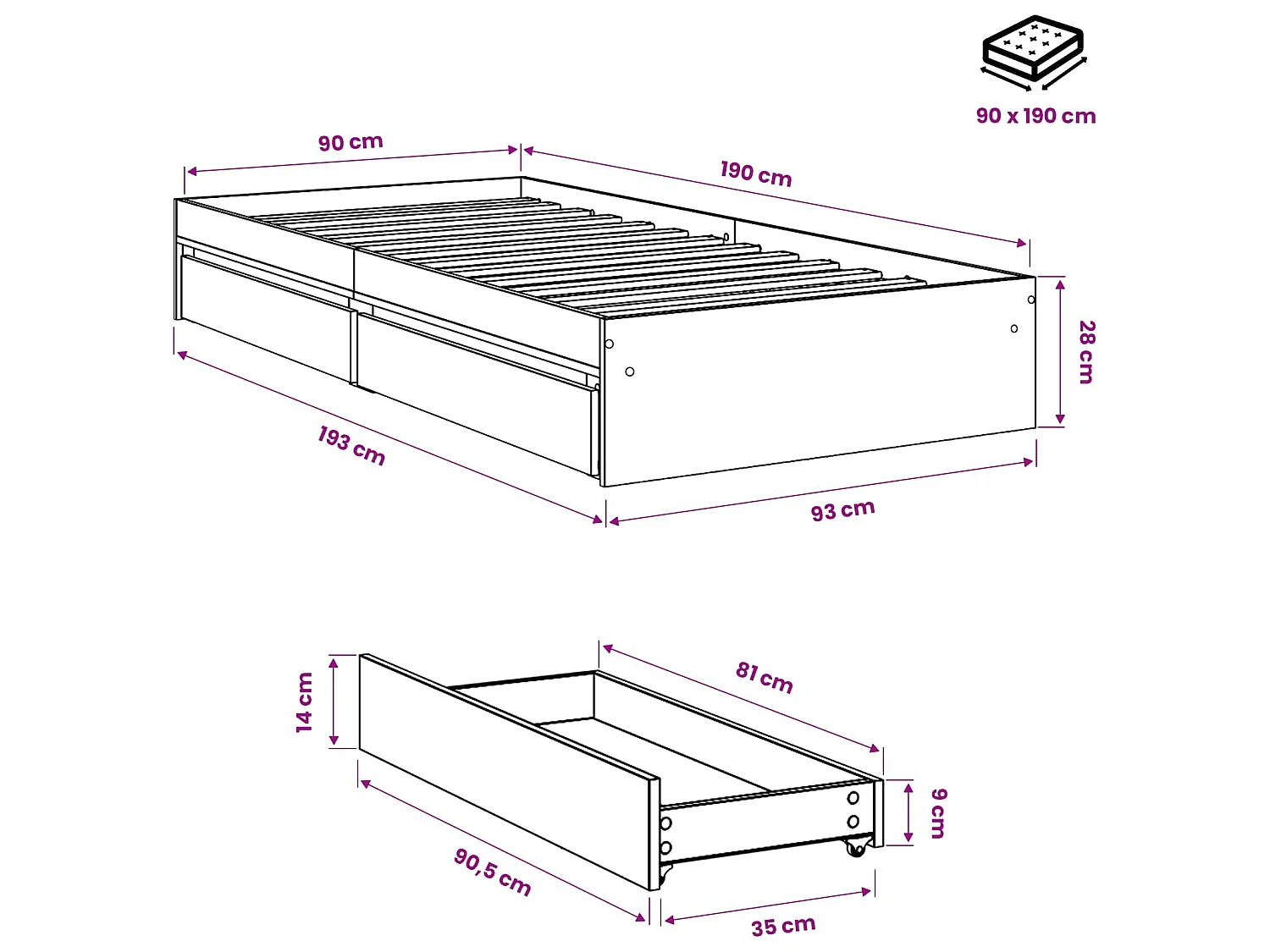 Cadre de lit avec tiroirs sans matelas blanc 90x190 cm
