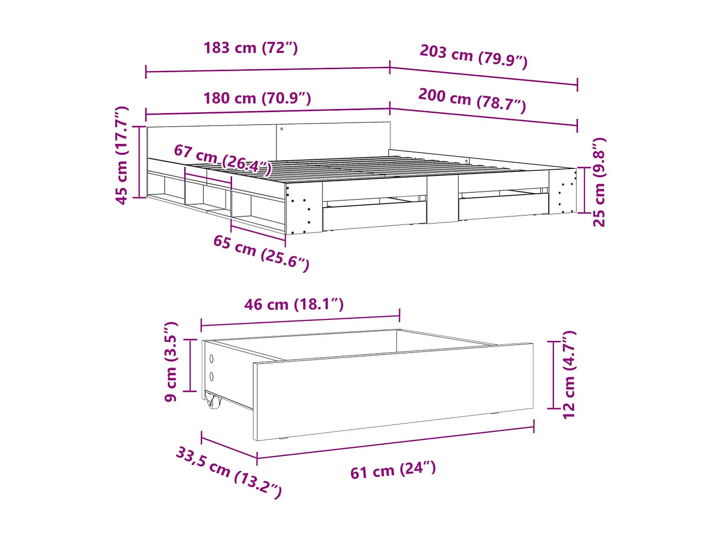 Cadre de lit avec tiroirs sans matelas chêne sonoma 180x200 cm