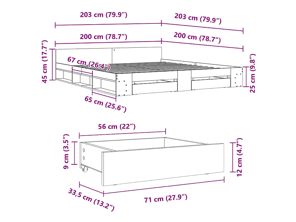 Bettgestell mit Schubladen Grau Sonoma 200x200cm Holzwerkstoff