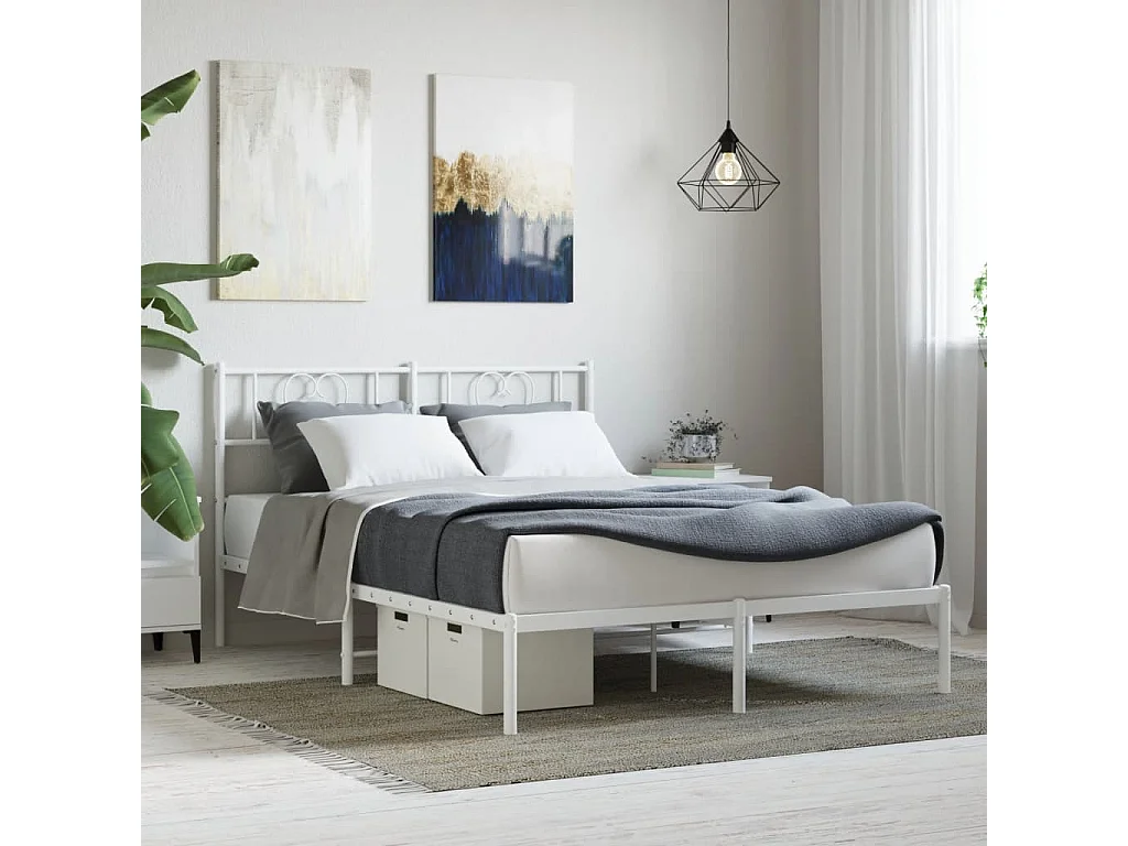 Cadre de lit métal sans matelas et tête de lit blanc 160x200 cm