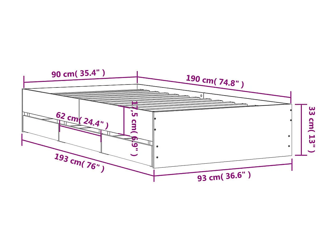 Bedframe met lades bewerkt hout zwart 90x190 cm