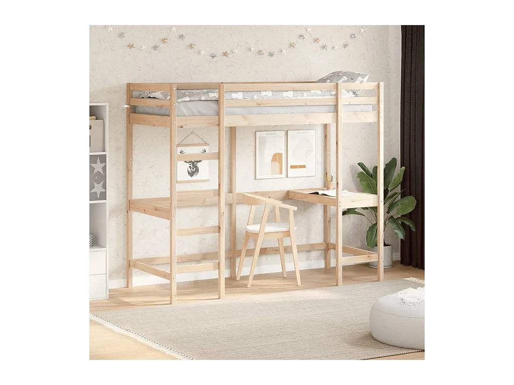 Hochbett mit Schreibtisch 75x190 cm Massivholz Kiefer