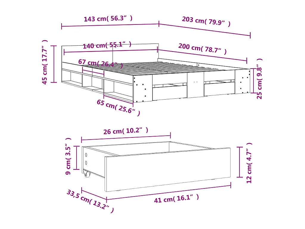 Bedframe met lades bewerkt hout gerookt eikenkleurig 140x200 cm
