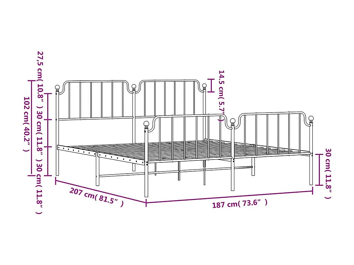 Cadre de lit métal sans matelas et pied de lit blanc 180x200 cm