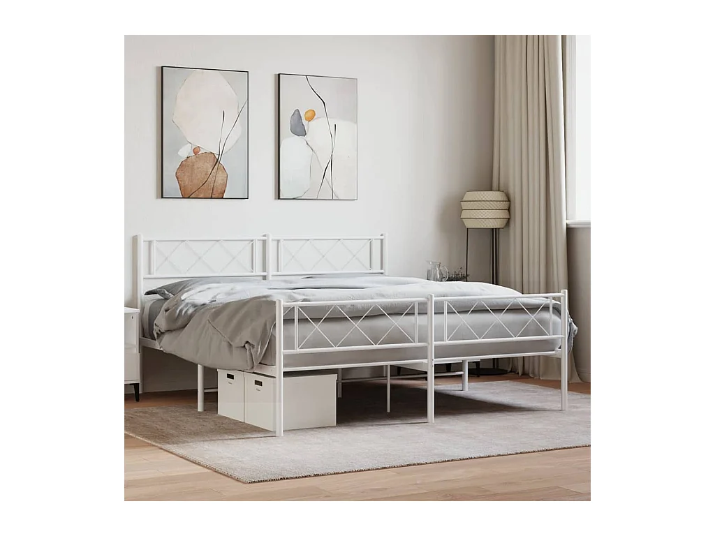 Cadre de lit métal sans matelas et pied de lit blanc 140x200 cm