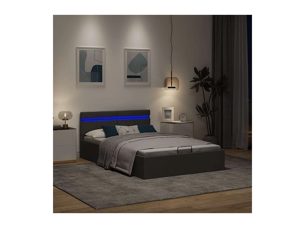Bedframe met opbergruimte en LED stof donkergrijs 140x200 cm