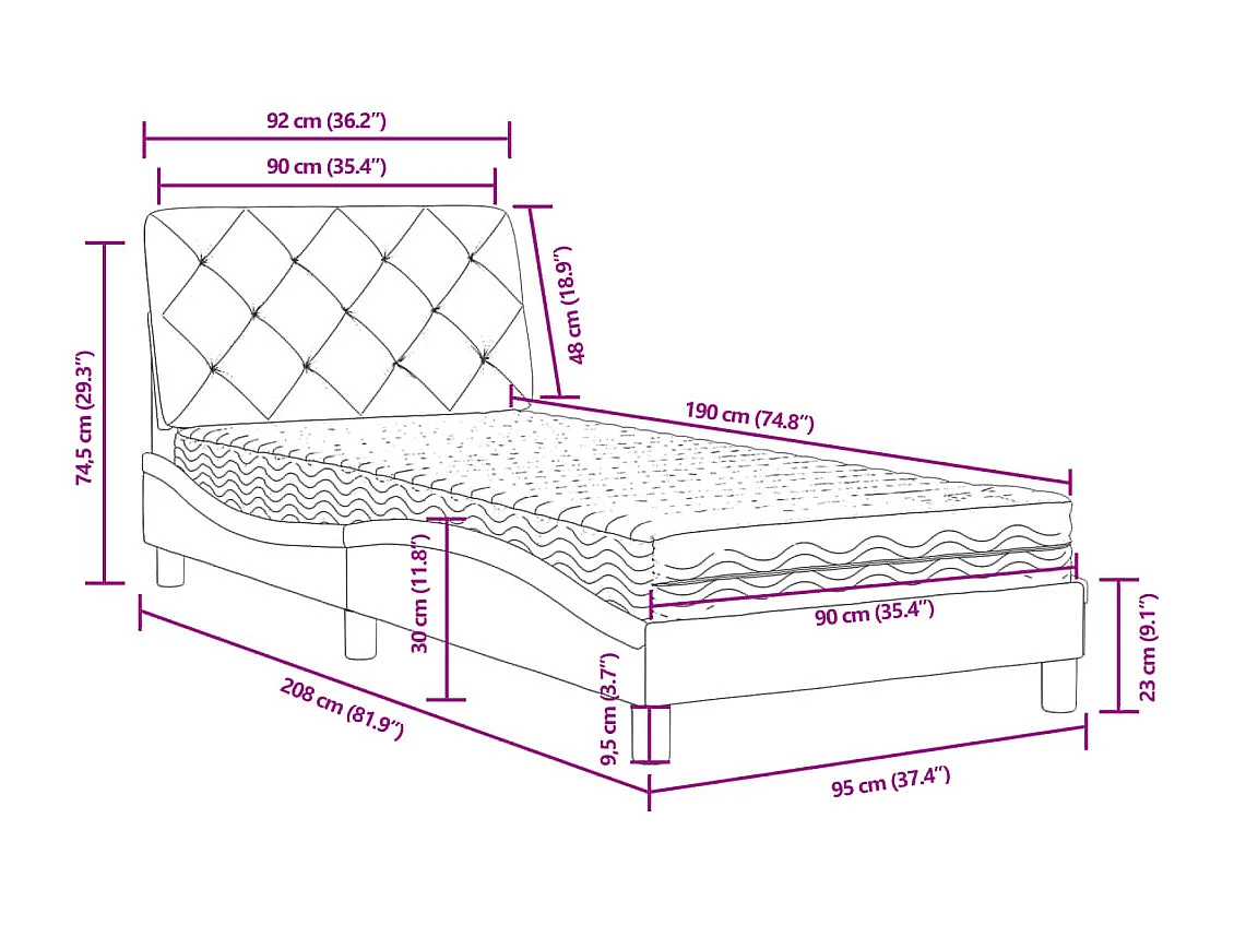 Lit avec matelas gris foncé 90x190 cm velours