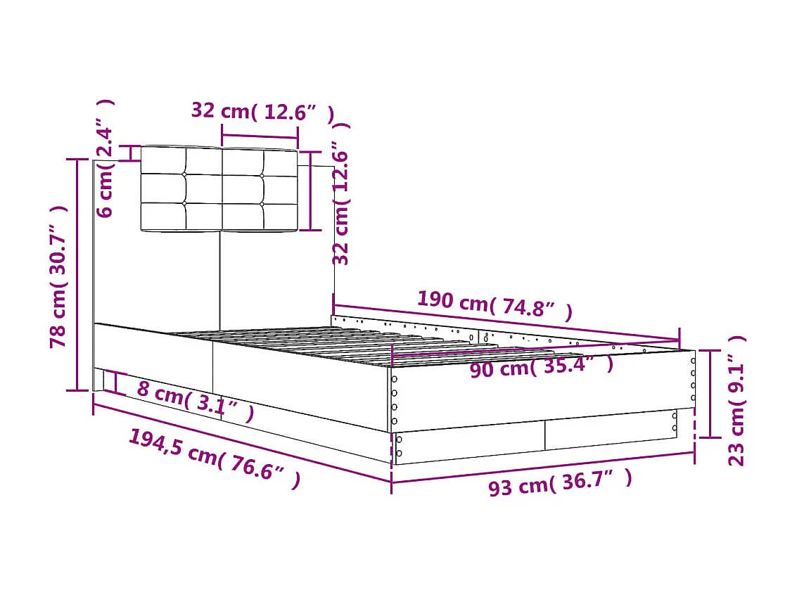 Bedframe met hoofdeinde bewerkt hout wit 90x190 cm