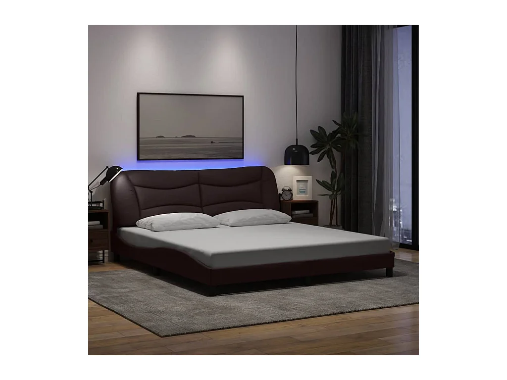 Cadre de lit avec LED sans matelas marron foncé 180x200cm tissu