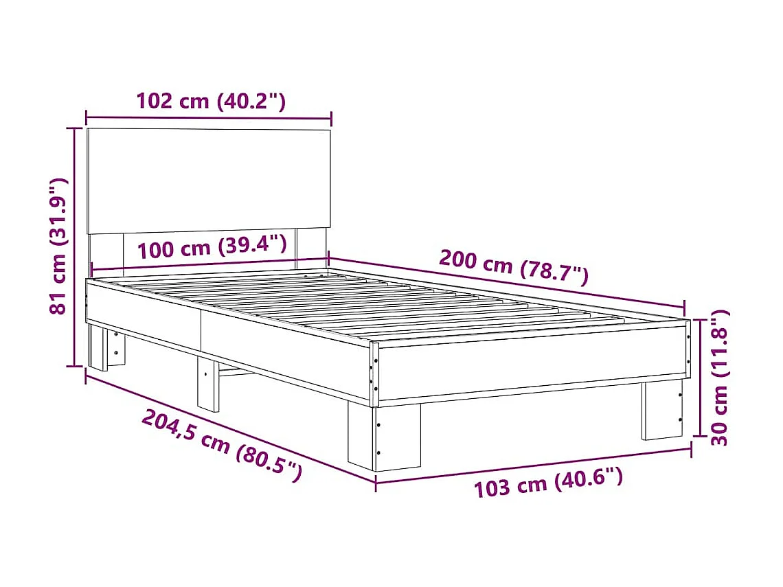 Bedframe bewerkt hout en metaal gerookt eikenkleurig 100x200 cm
