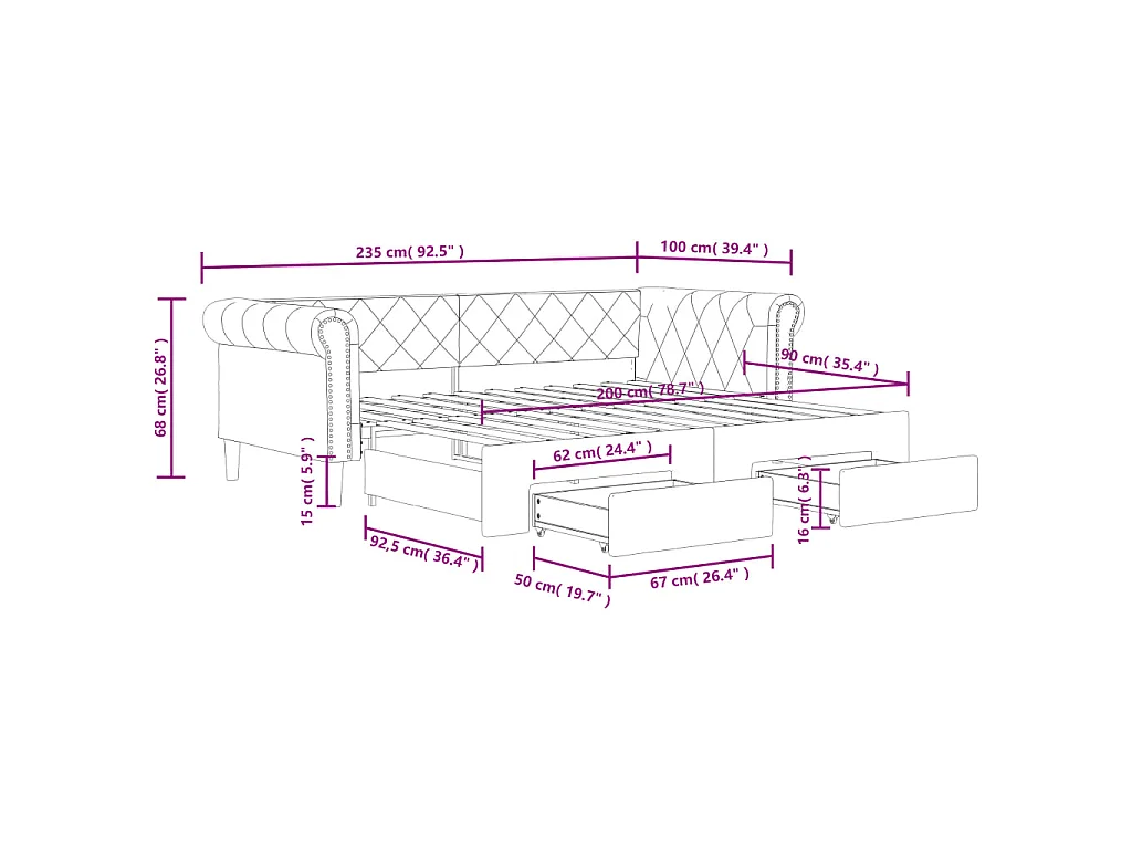 Slaapbank met onderschuifbed en lades 90x200 cm kunstleer zwart