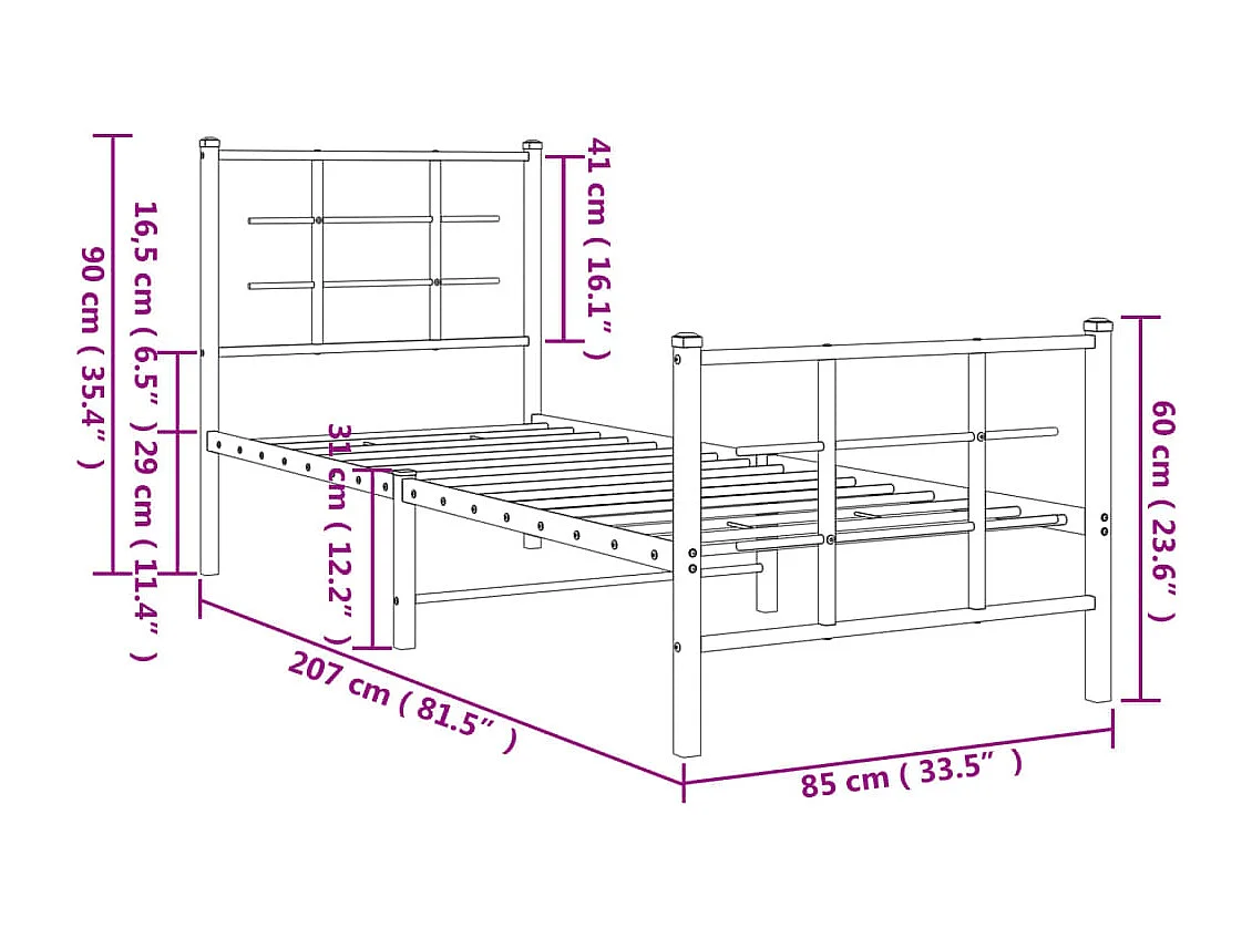 Cadre de lit métal sans matelas avec pied de lit noir 80x200 cm