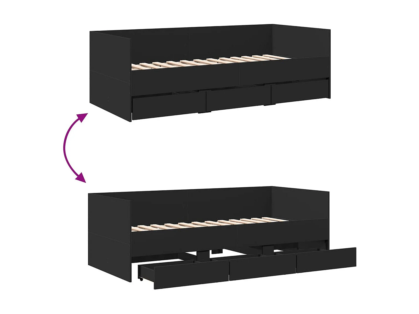 Tagesbett mit Schubladen ohne Matratze Schwarz 75x190 cm