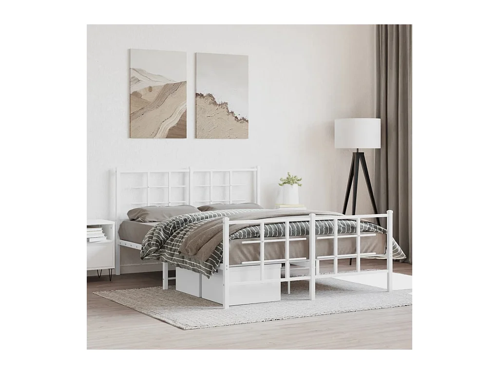 Cadre de lit métal sans matelas et pied de lit blanc 140x200 cm
