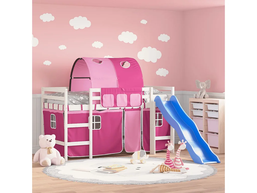 Lit mezzanine enfants avec tunnel sans matelas rose 90x190 cm