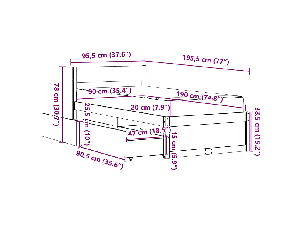Bed met lades en matras massief grenenhout 90x190 cm
