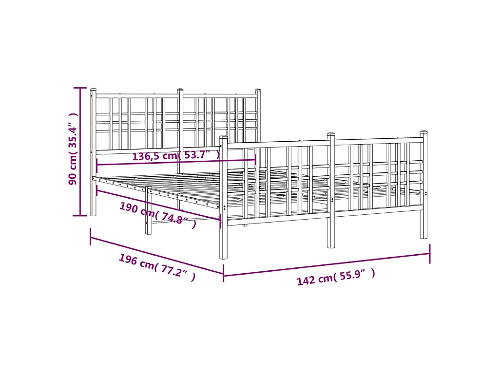 Estrutura de cama com cabeceira e pés 137x190 cm metal preto