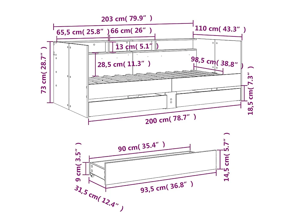 Divano Letto con Cassetti senza Materasso Rovere Fumo 100x200cm