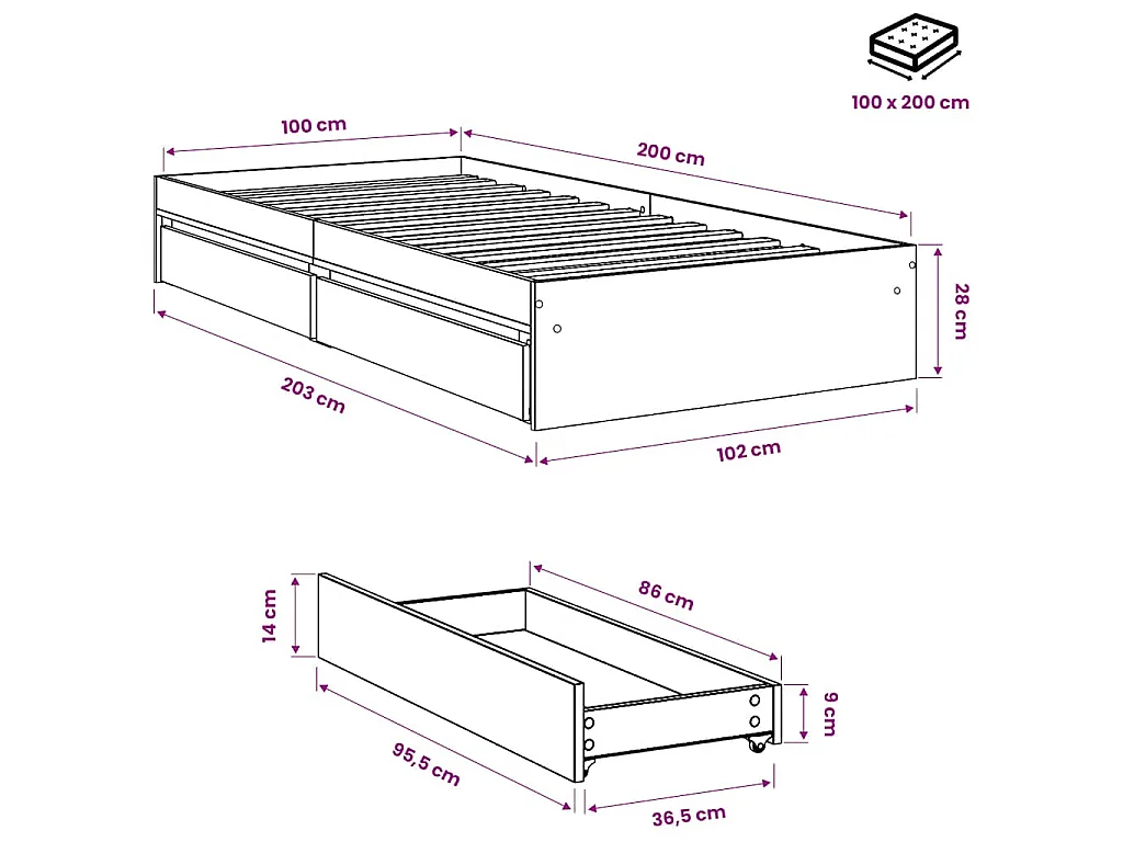 Cadre de lit avec tiroirs sans matelas blanc 100x200 cm