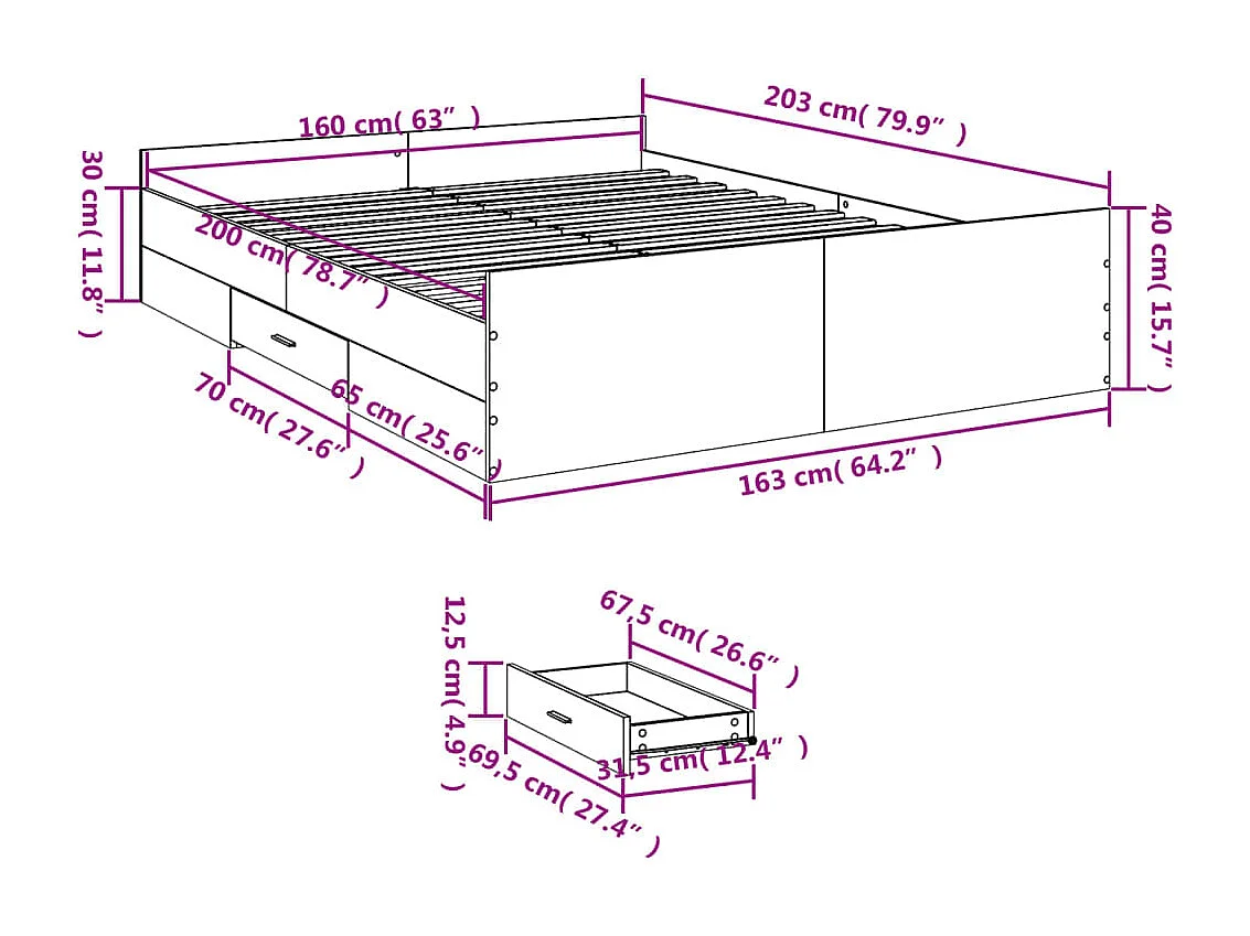 Bedframe met lades bewerkt hout gerookt eikenkleurig 160x200 cm
