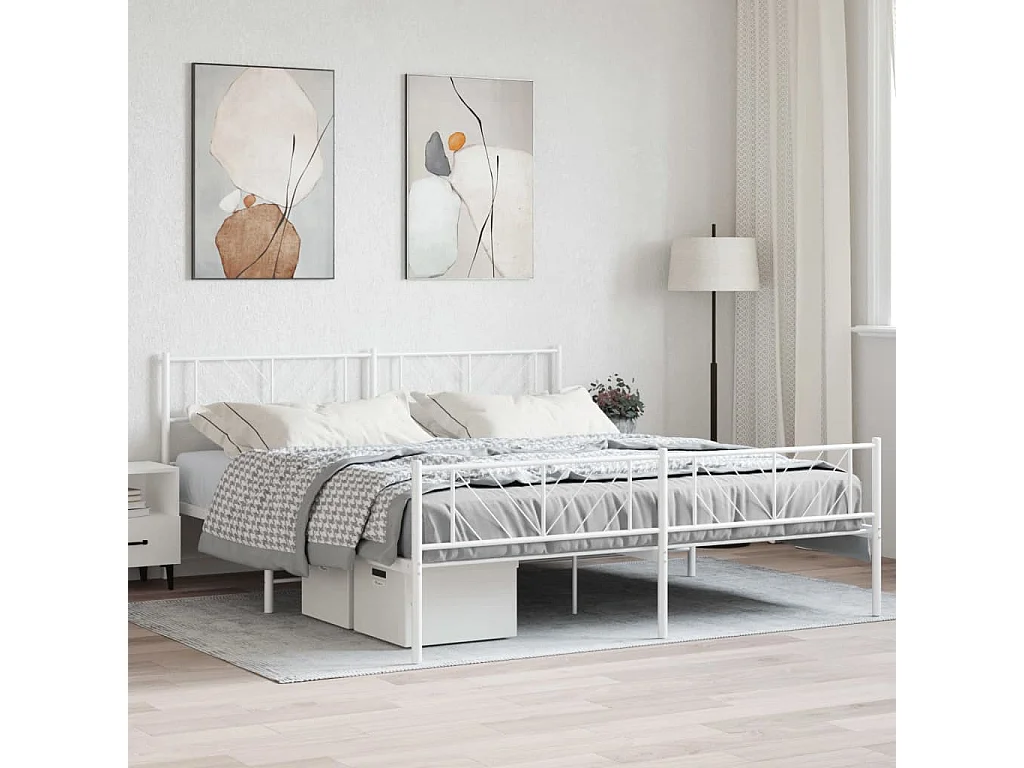 Cadre de lit métal sans matelas et pied de lit blanc 180x200 cm
