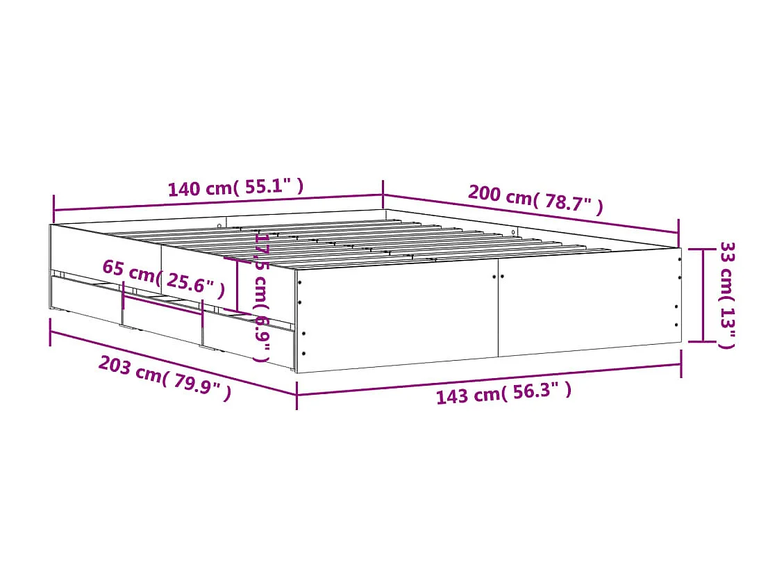 Bedframe met lades bewerkt hout zwart 140x200 cm