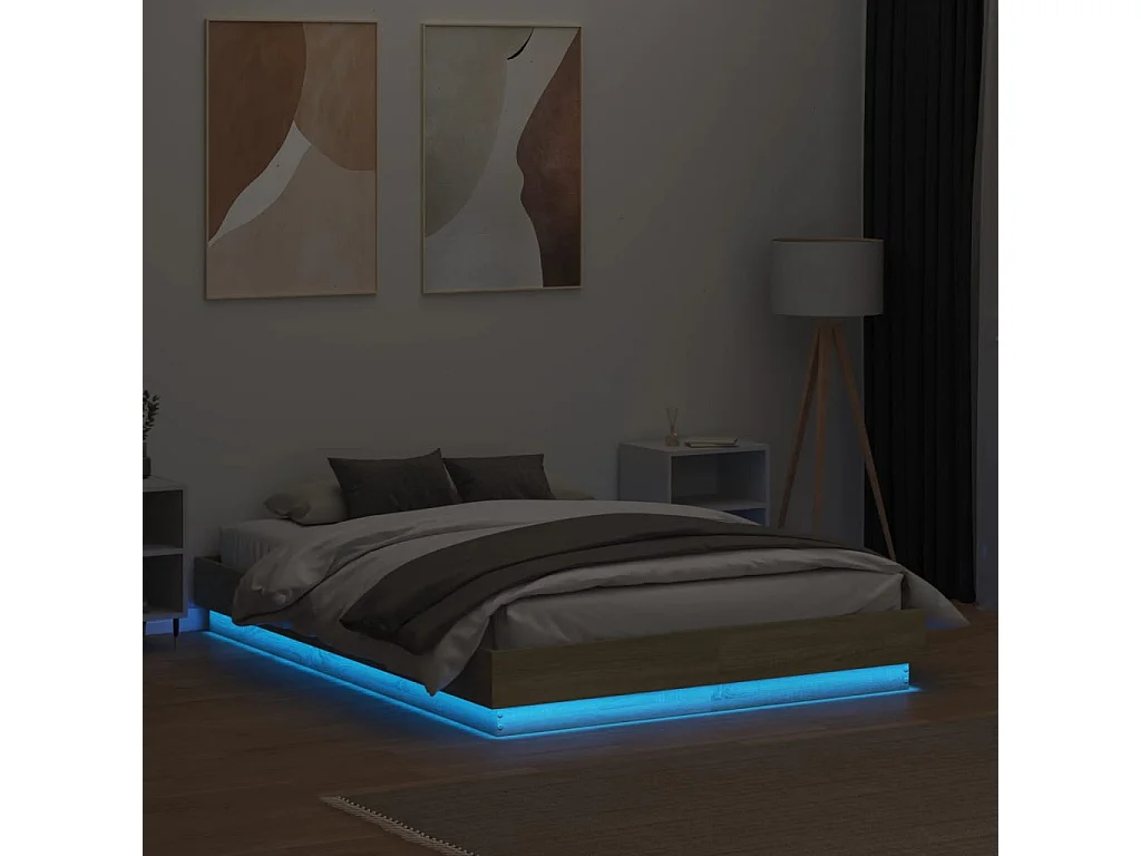 Bettgestell mit LED Sonoma-Eiche 135x190 cm