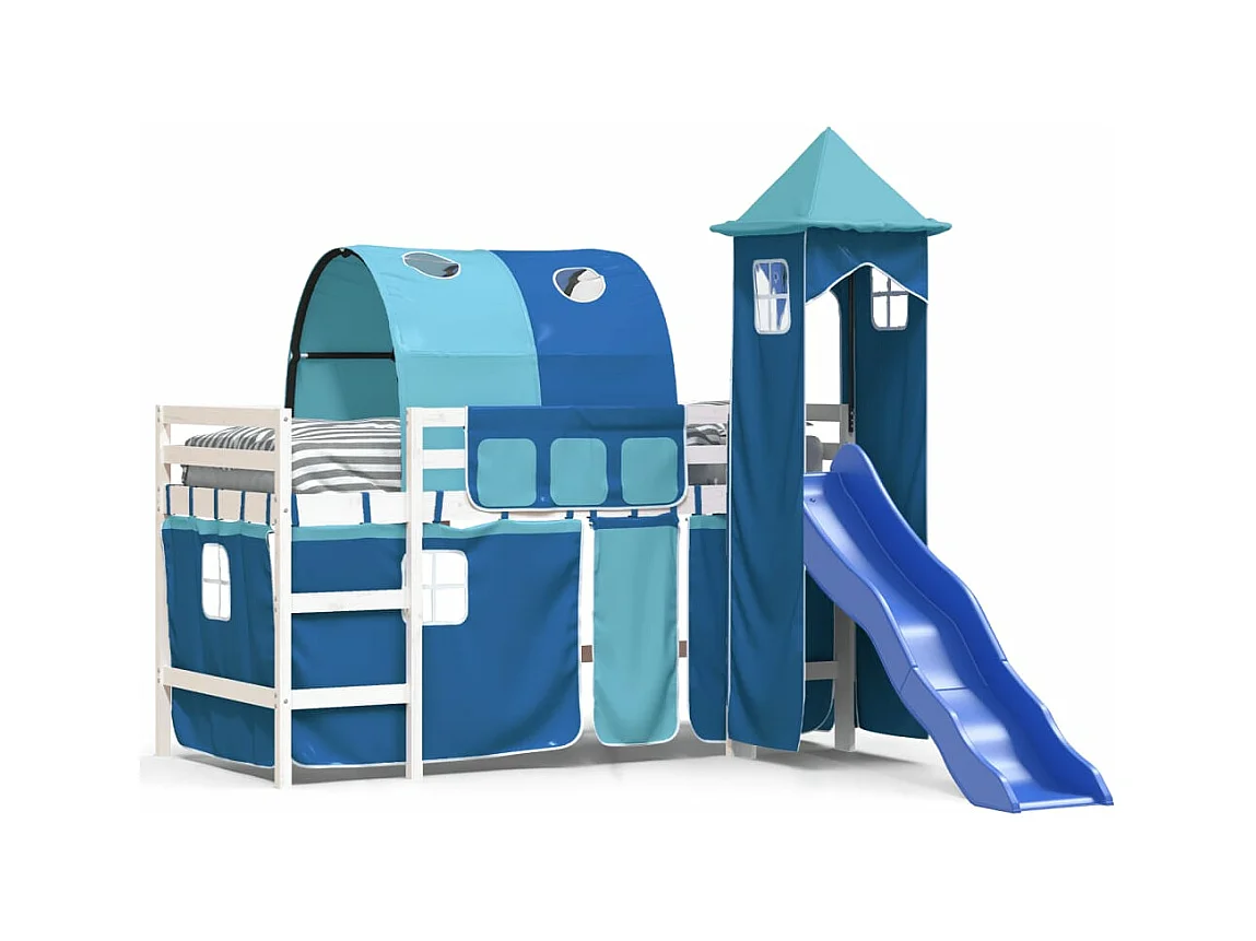 Letto a Soppalco con Torre Bambini Blu 80x200cm Massello Pino