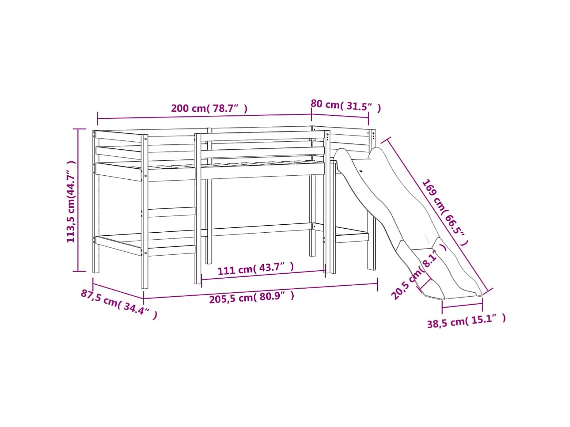 Letto a Soppalco con Torre Bambini Blu 80x200cm Massello Pino