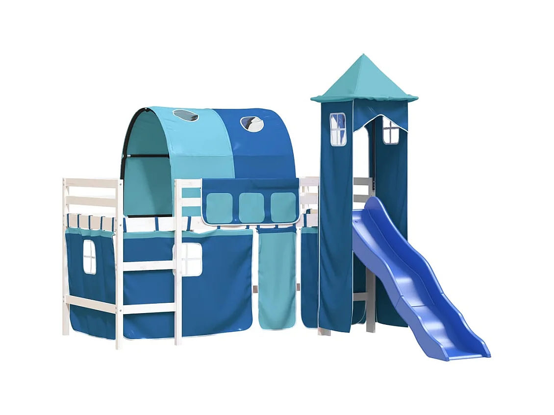 Letto a Soppalco con Torre Bambini Blu 80x200cm Massello Pino