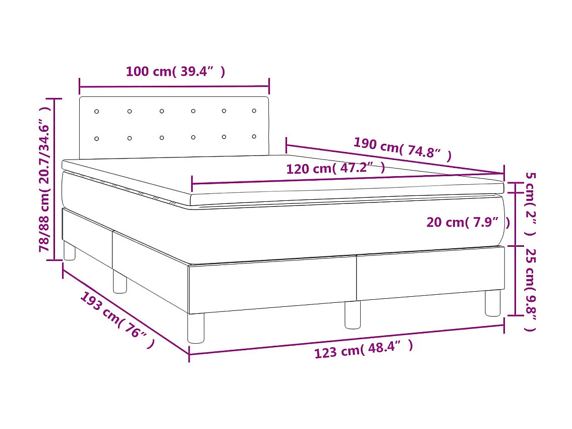 Cama box spring con colchón y LED tela gris claro 120x190 cm