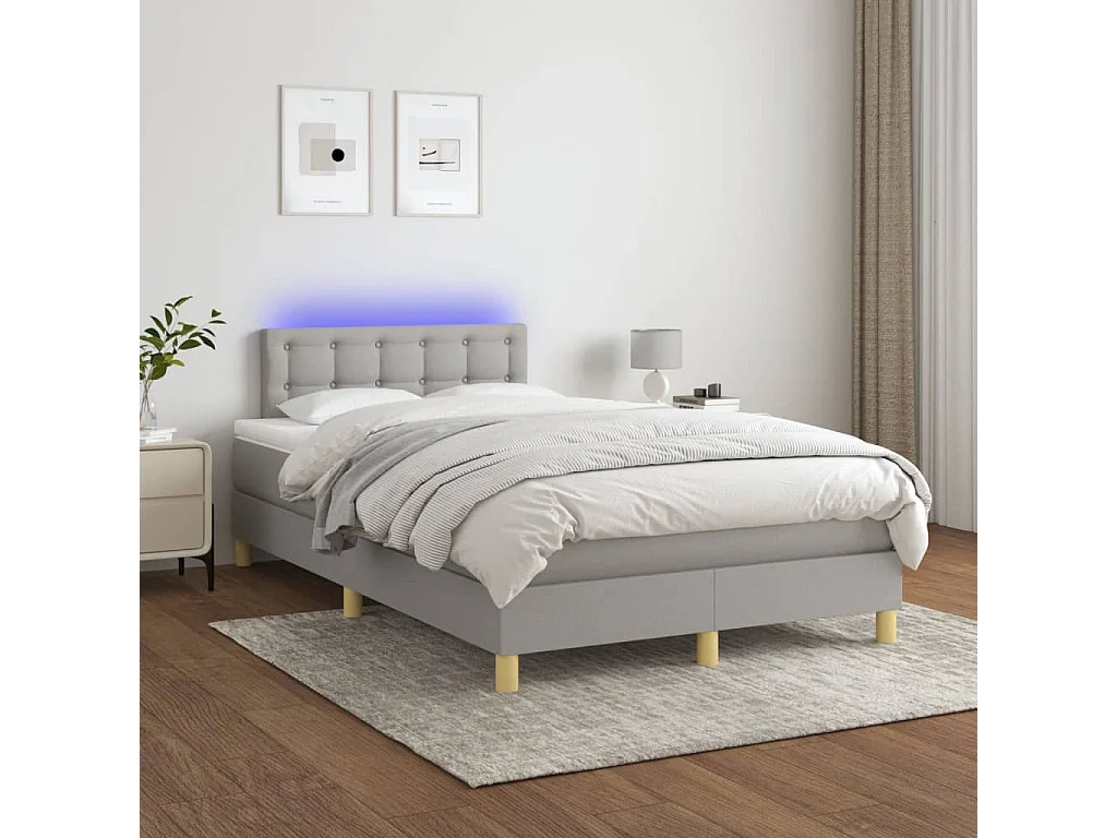 Cama box spring con colchón y LED tela gris claro 120x190 cm